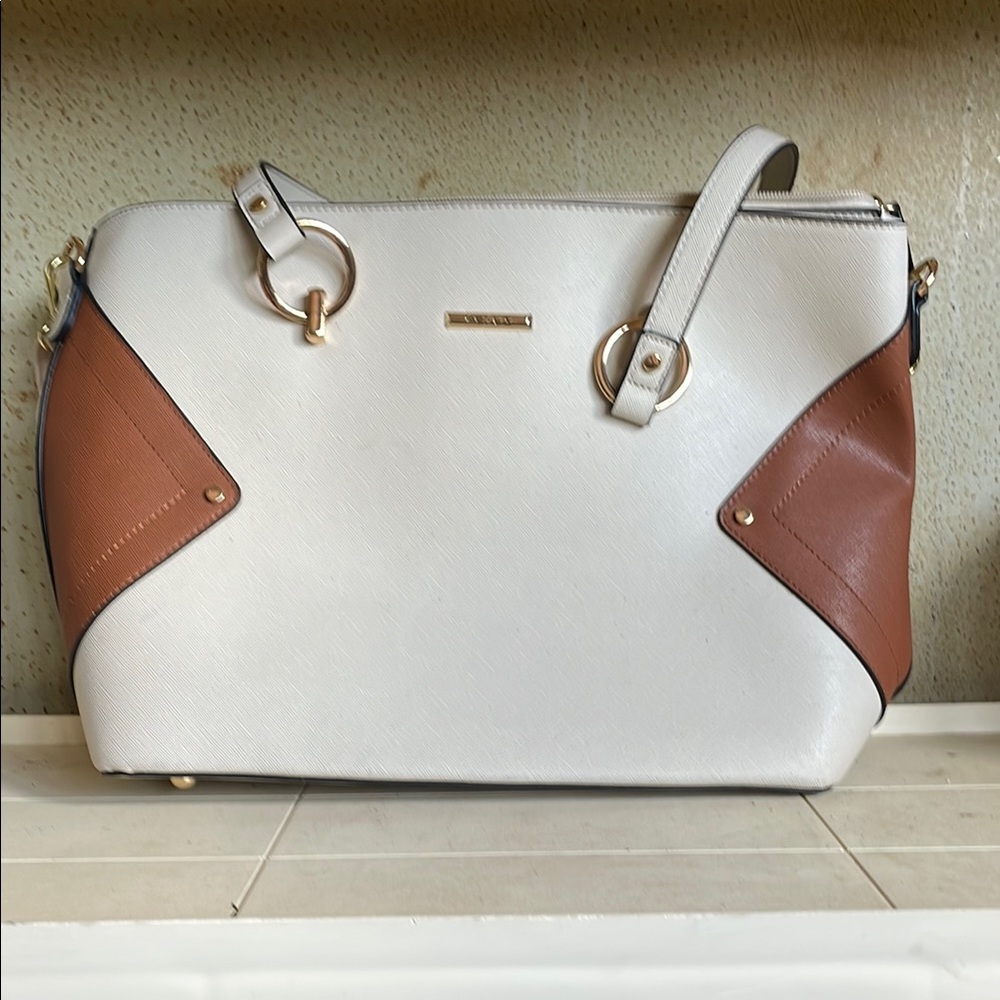 Chic White and Brown Geometric Shoulder Bag with Metallic Accents
